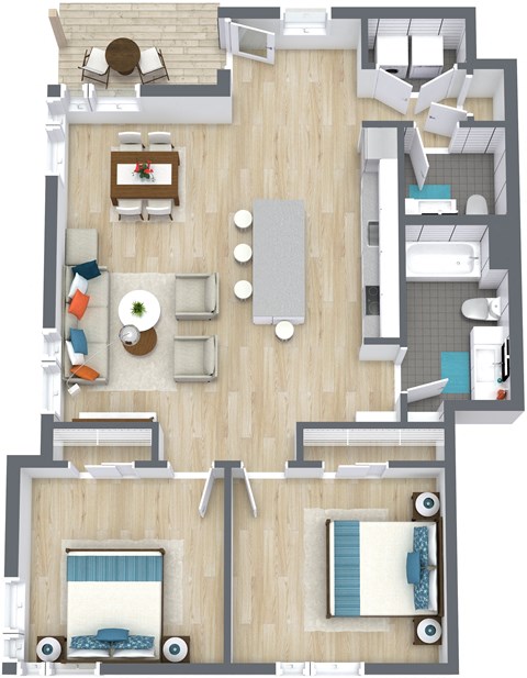 Floor plan for 2 beds, 1.5 baths, 959 sqft